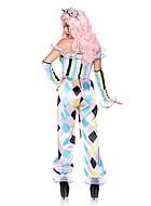 Clown, jumpsuit costume, ruffle trim, pom pom buttons, harlequin with stripes and diamonds